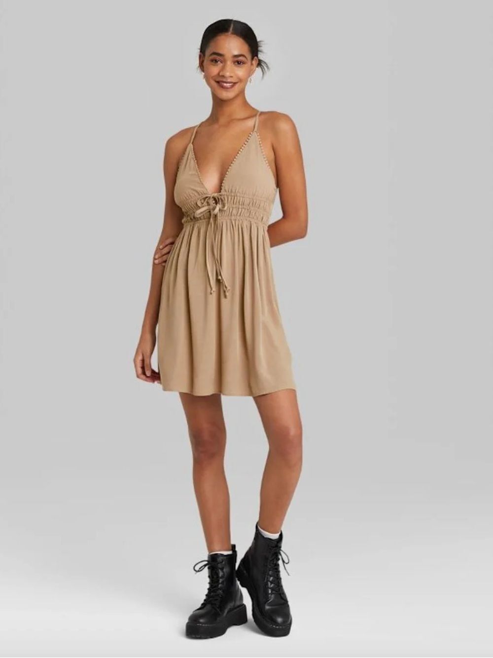 wild fable Tan Boho Tie-Front Smocked Mini Dress